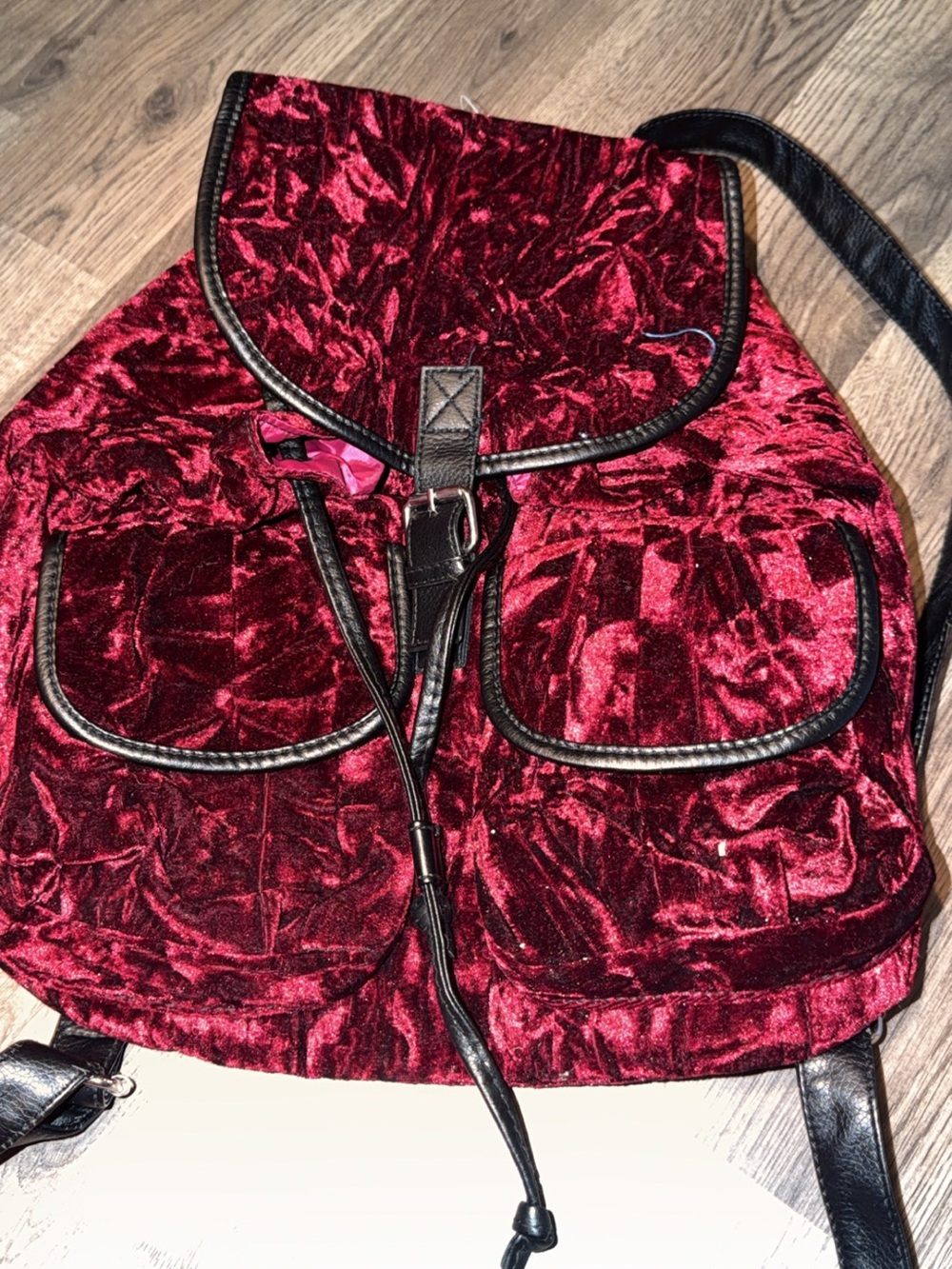 Crushed Velvet Burgundy Drawstring Backpack with Black Trim